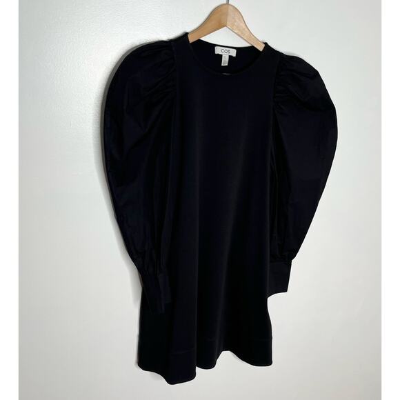 COS Puff Sleeve A Line Mini Dress Womens XS Black Pockets Long Sleeve Cotton - Picture 3 of 10